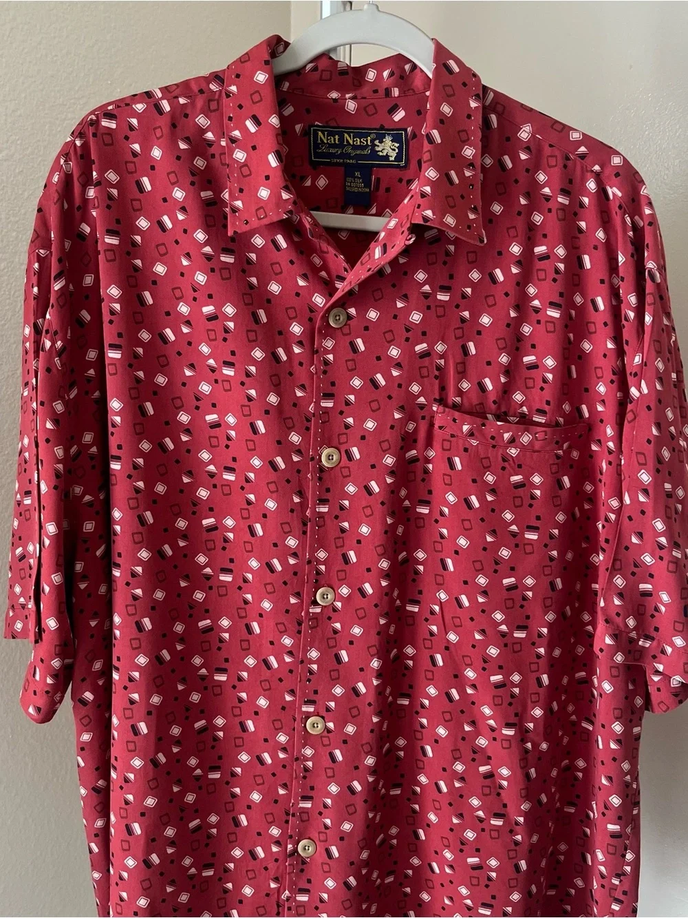 Nat Nast Luxury Originals 100% Silk Short-Sleeve Printed Button-Down Shirt XL